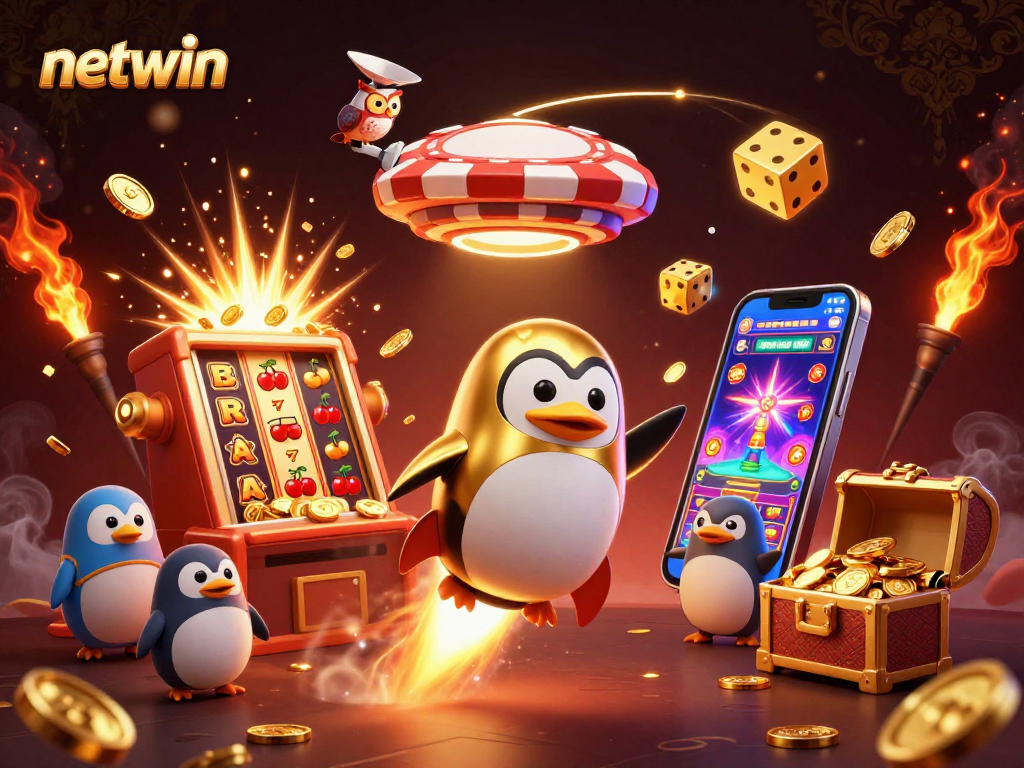 Experience netwin with a rocket-powered penguin in a vibrant casino universe bursting with excitement.