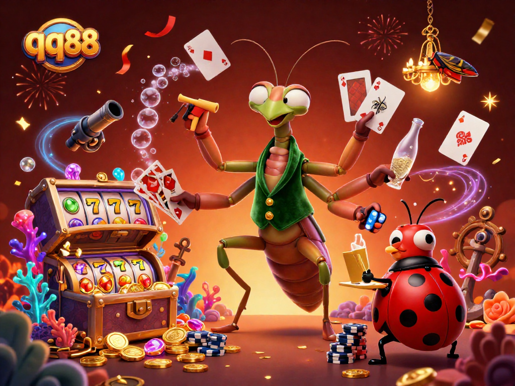 Experience thrilling gameplay at qq88, where slot reels spin and characters celebrate with confetti.