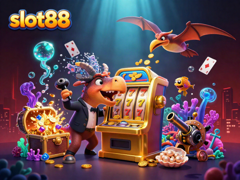 Ilustrasi slot88 yang menunjukkan karakter prasejarah berinteraksi dengan mesin slot emas di kasino yang dipenuhi koin emas.