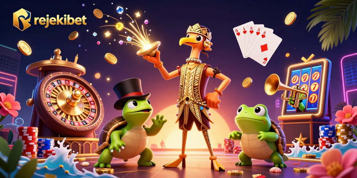 Win big with rejekibet in this vibrant 3D illustration of cartoon characters celebrating casino jackpots.