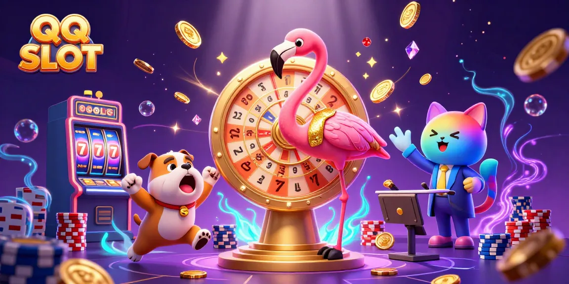 Engage in thrilling QQ SLOT gameplay with colorful characters and dynamic casino elements in this lively scene.