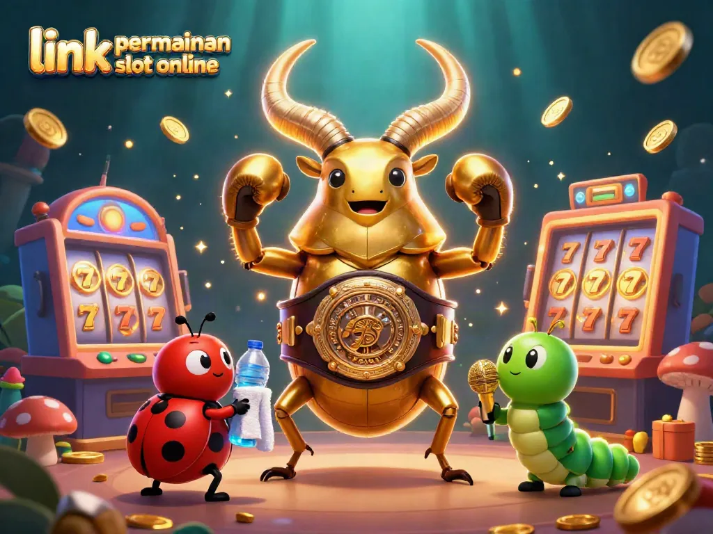 Menggunakan link permainan slot online, ilustrasi 3D yang menampilkan serangga keemasan raksasa dalam pertandingan judi, dengan mesin slot yang bersinar dan simbol keberuntungan.