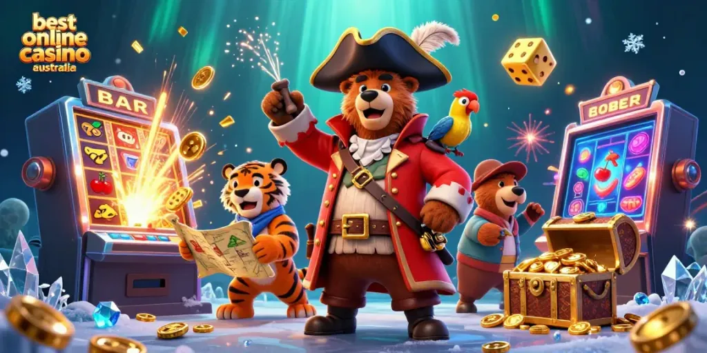 Experience the thrill at the best online casino Australia with a dynamic pirate adventure scene.