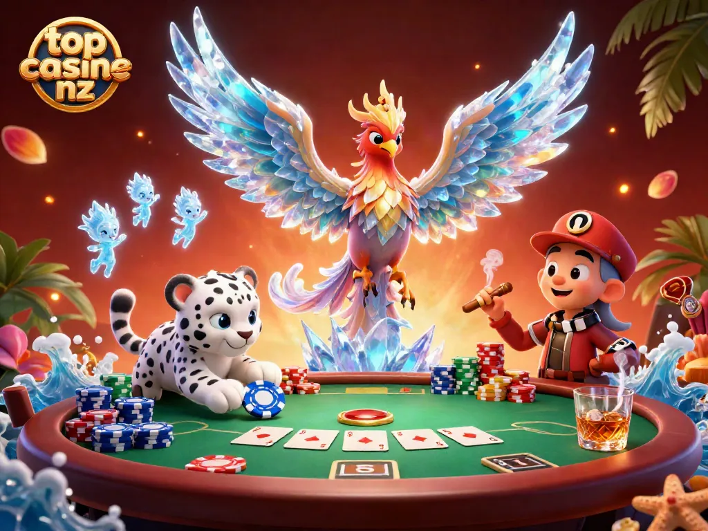 Experience the excitement of top online casinos nz through a vibrant 3D casino art scene featuring dynamic characters and poker elements.