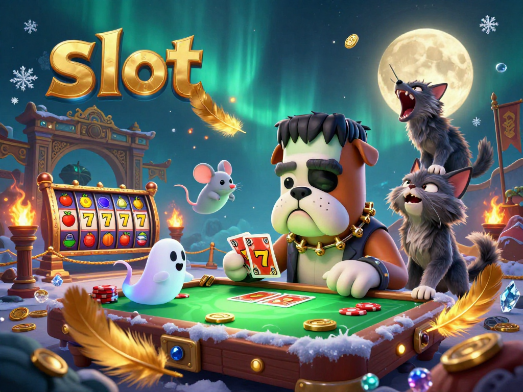 Engaging 3D illustration of a Frankenstein bulldog dealing slot cards among gold coins and a ghost mouse.