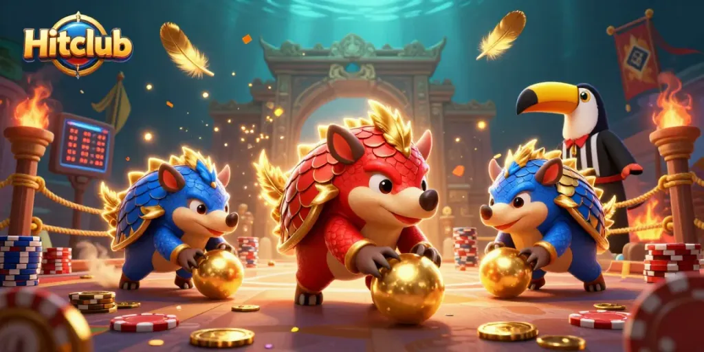 Hitclub pangolins compete fiercely by rolling golden balls in a vibrant casino scene.