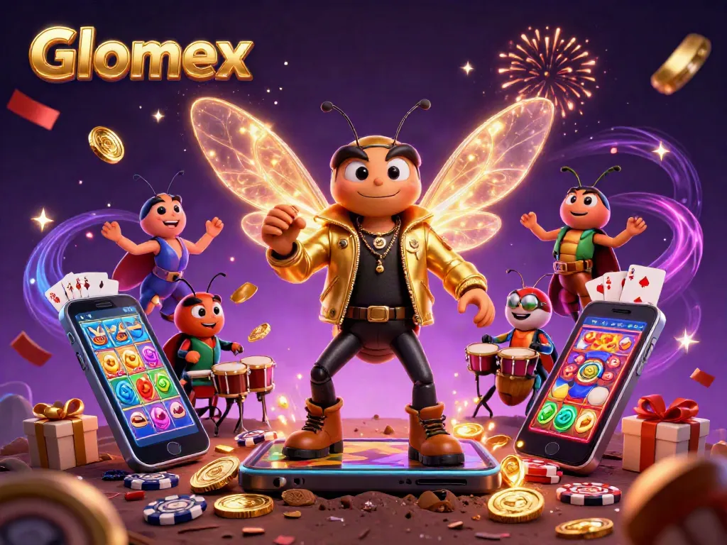 Engage with Glomex's vibrant gambling world featuring a rock star cicada in a lively casino scene.