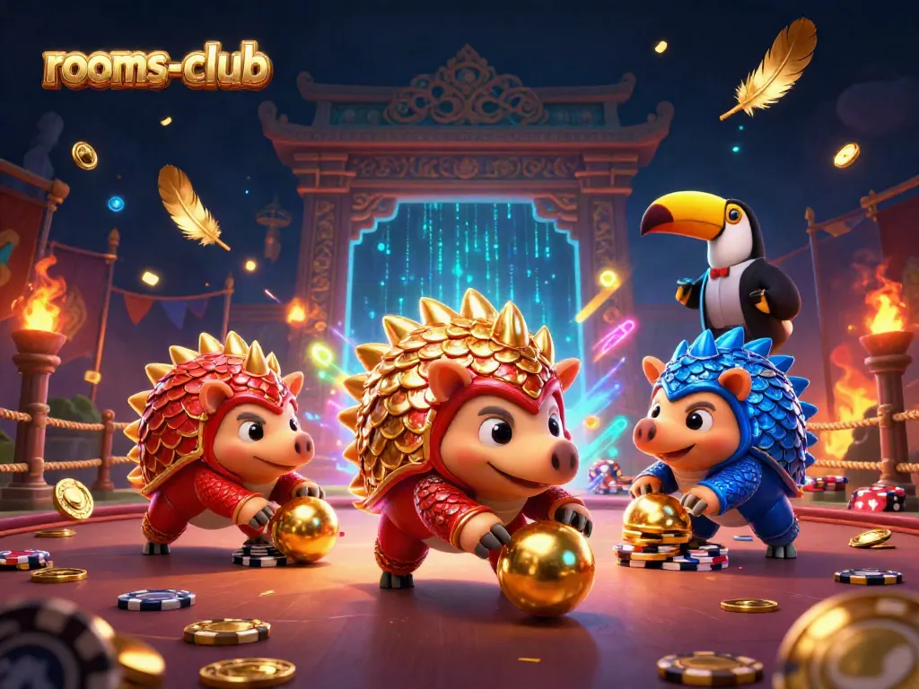 Pangolins bersaing memutar bola emas dan mendapatkan chip poker di rooms-club, ilustrasi menarik.