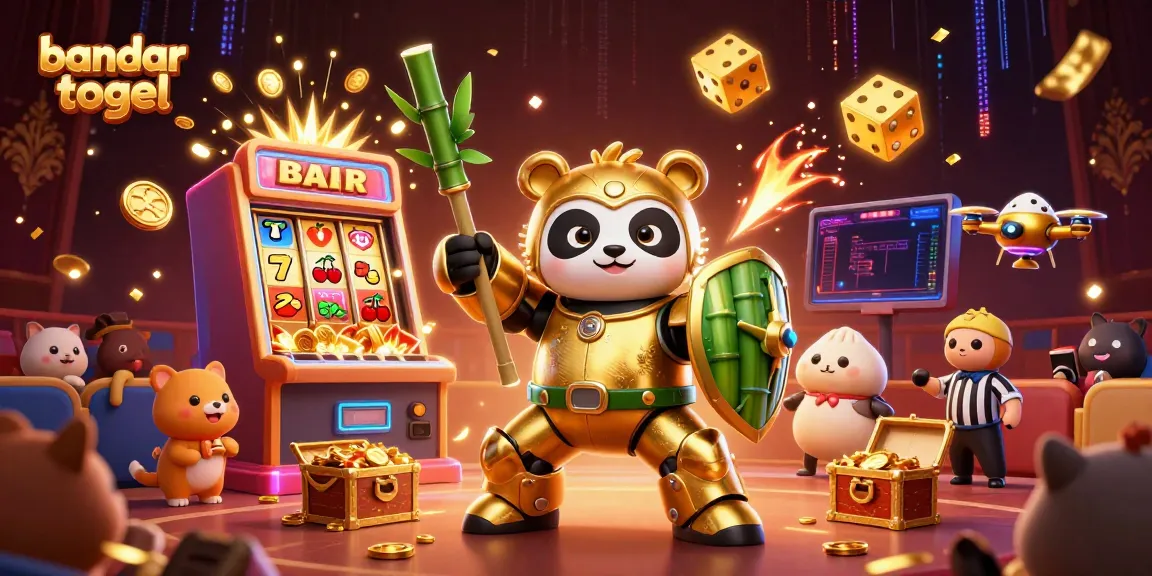 Berpartisipasi dalam bandar togel dengan ilustrasi panda emas memimpin robot tempur di arena pemasangan.