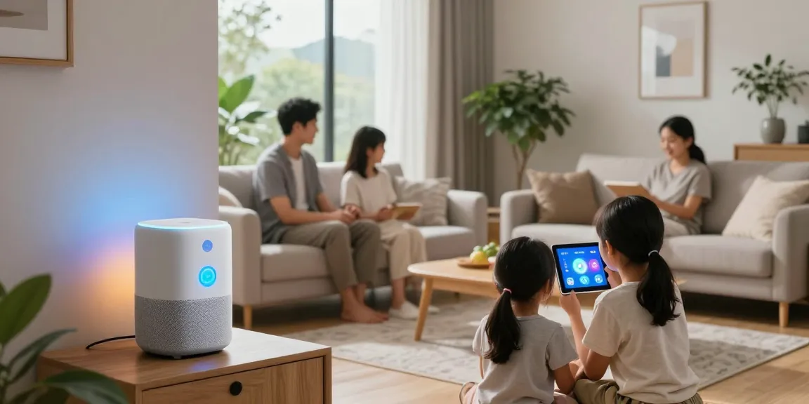 Family enjoying a cozy living room with smart home gadgets like speakers and lighting for enhanced comfort.