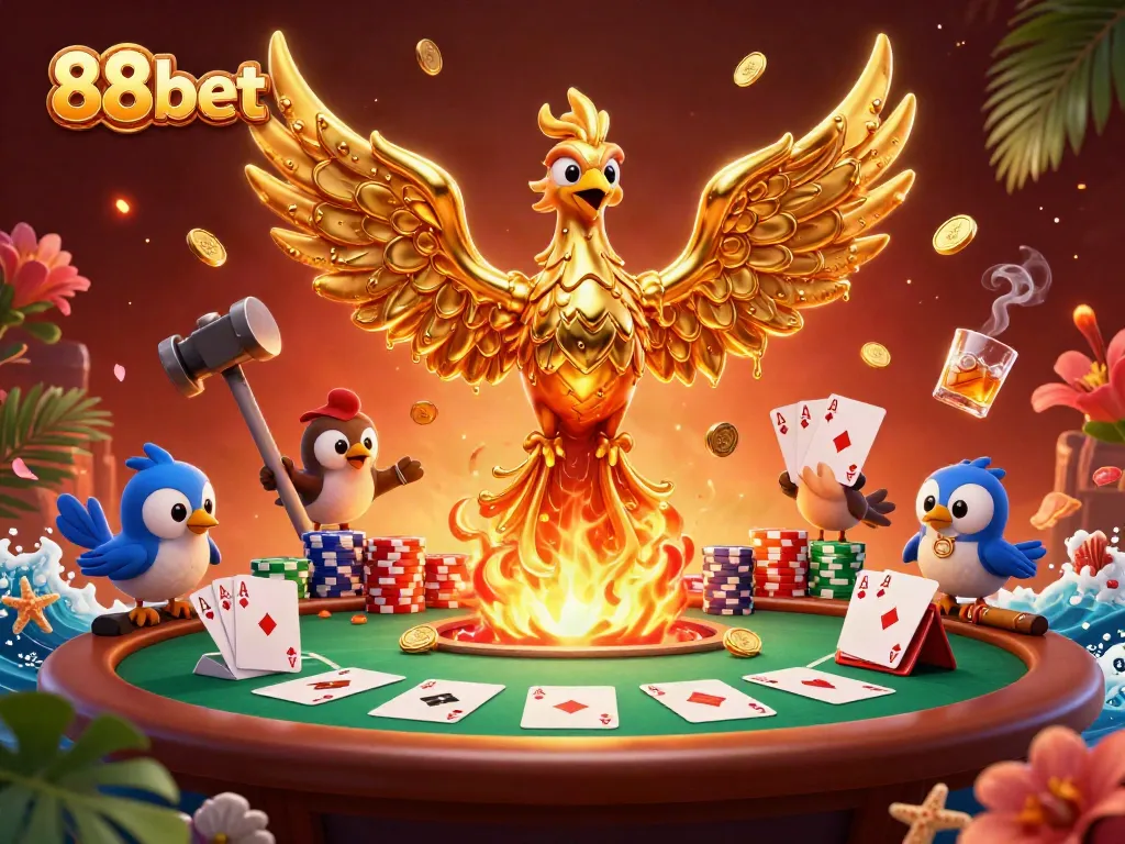 Engage with 88bet's thrilling gaming scene featuring a molten phoenix and vibrant poker elements.