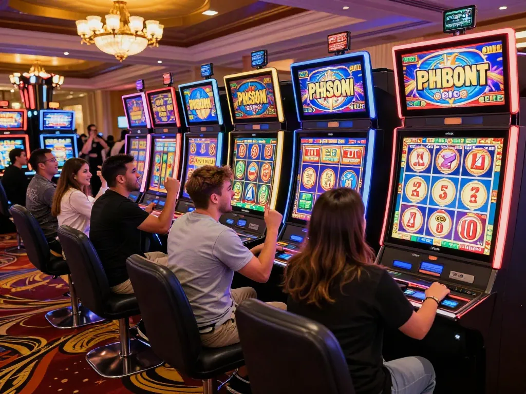 Players celebrating a slot jackpot win in a vibrant casino atmosphere, showcasing excitement and colorful slot machines.