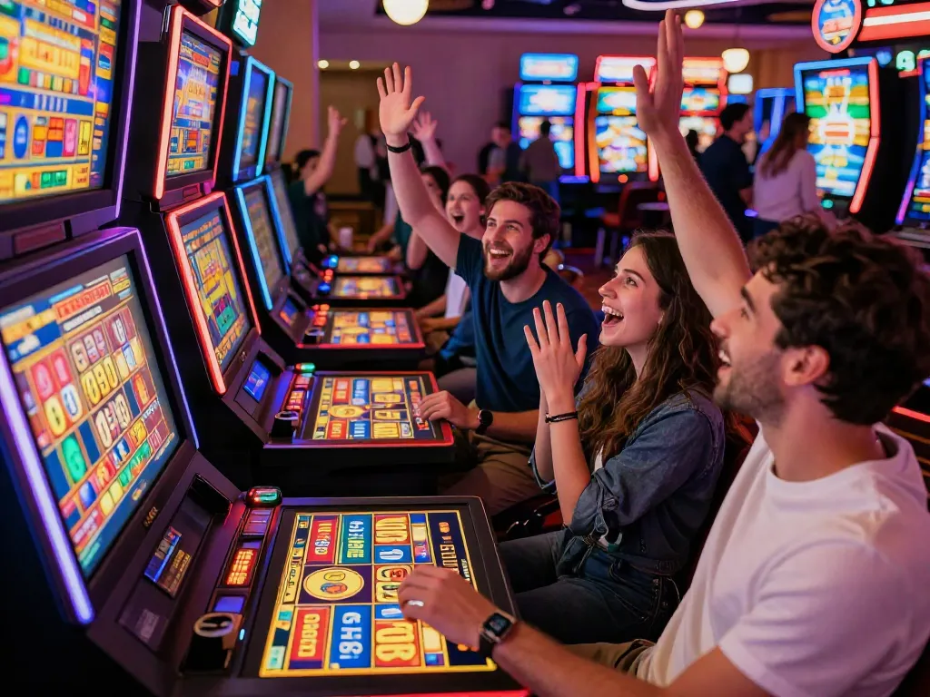 Friends celebrating a win at the Lucky777 slot machine in a lively casino.