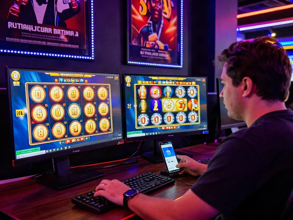 Engaged player enjoying slot online games on dual monitors in a dynamic casino atmosphere.