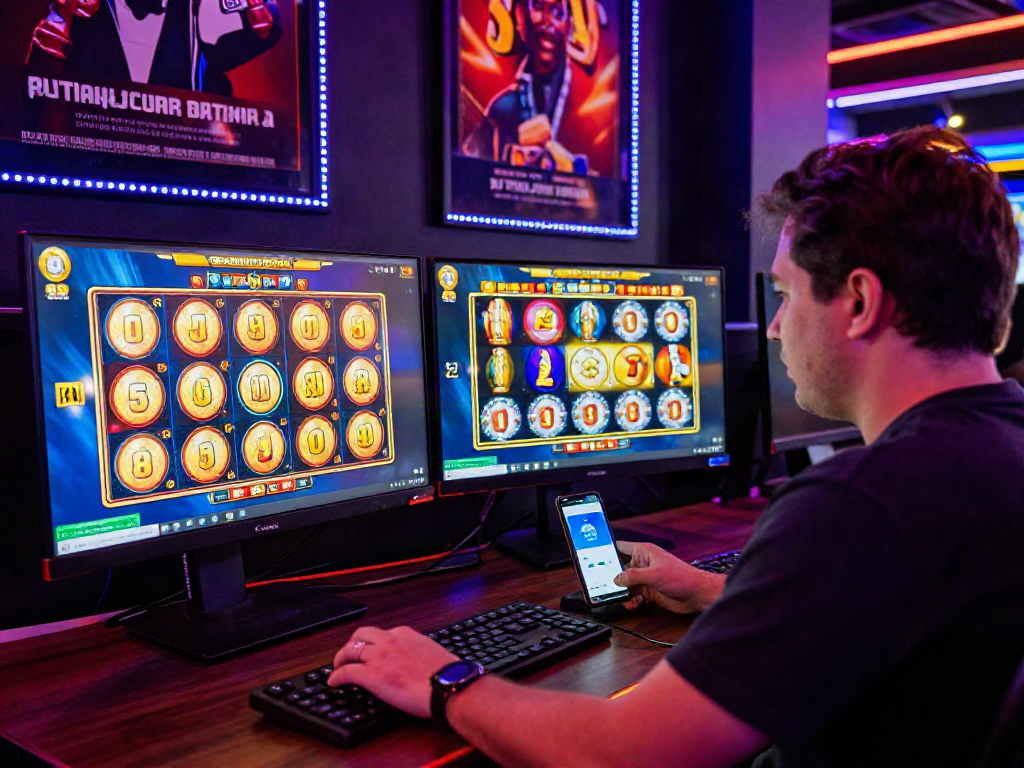 Engaged player enjoying slot online games on dual monitors in a dynamic casino atmosphere.