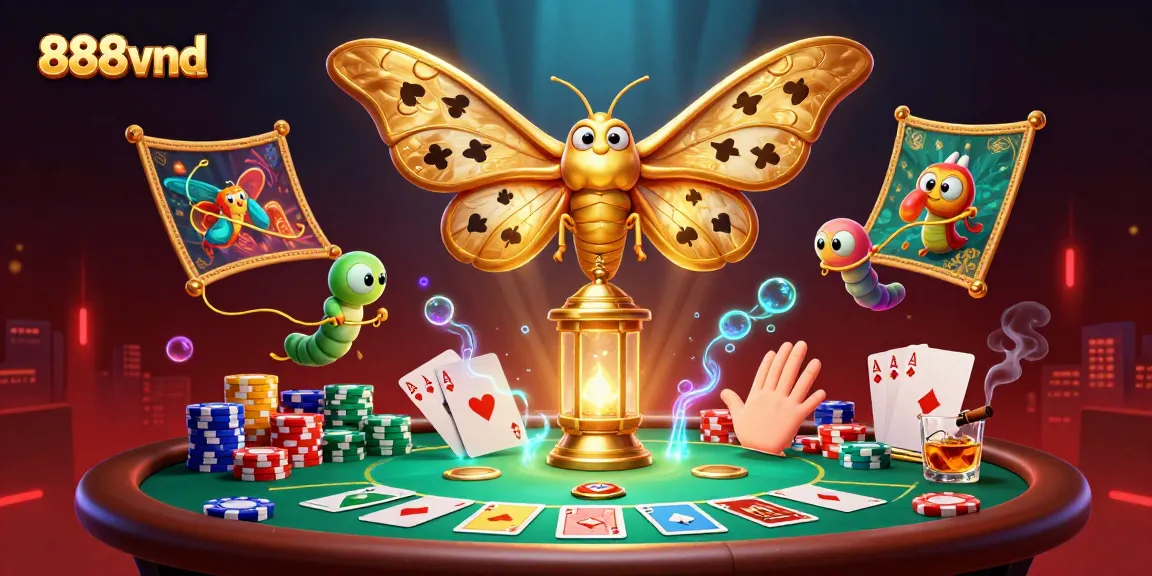 Engage with 888vnd's vibrant casino scene featuring an atlas moth and poker elements.