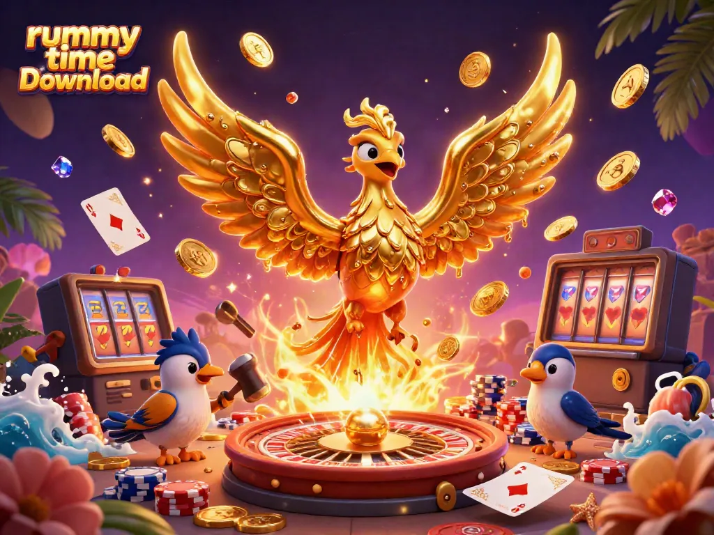 Win with rummy time download as dynamic phoenix and sparrows celebrate casino gameplay.