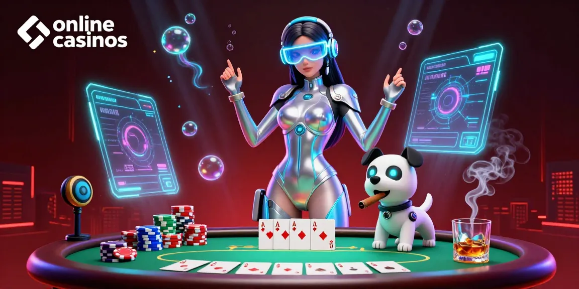 Engage with thrilling online casinos in a vibrant 3D illustration featuring a futuristic woman and robot dog.