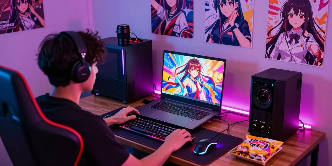 Gamer playing hentai games on laptop surrounded by anime art and gaming gear.