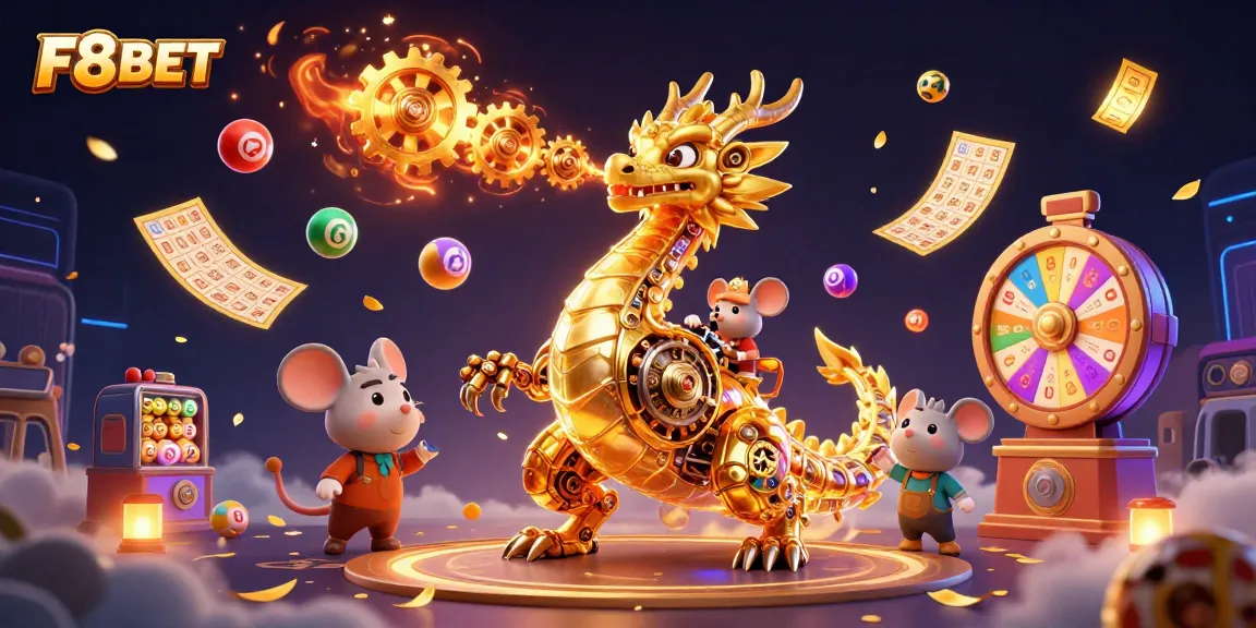 F8BET players explore dazzling lottery and gaming excitement amidst a golden dragon and dynamic prizes.