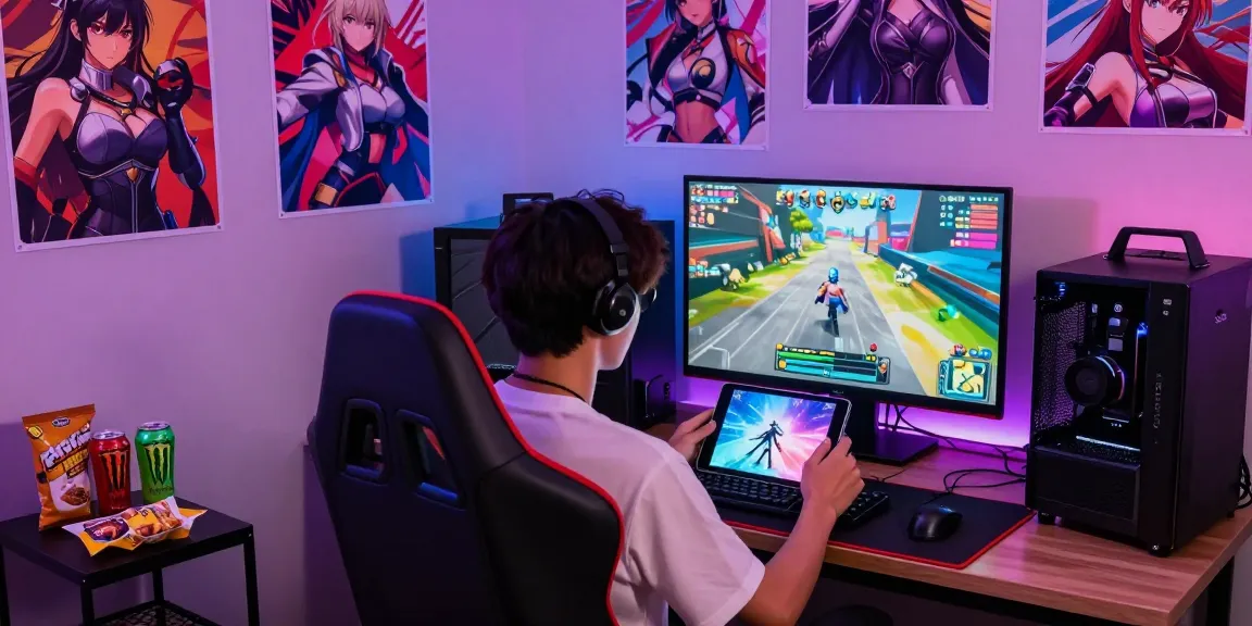 Player immersed in an android hentai game surrounded by vibrant gaming decor.