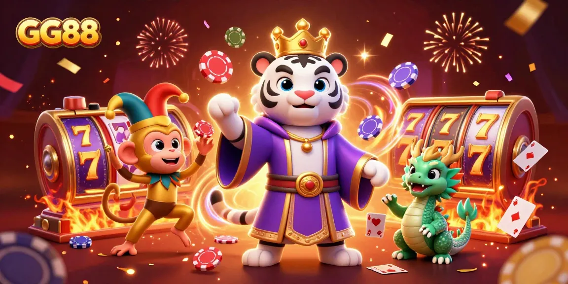 Experience the excitement of GG88 with an illustration featuring a royal tiger, a jester monkey, and casino games.