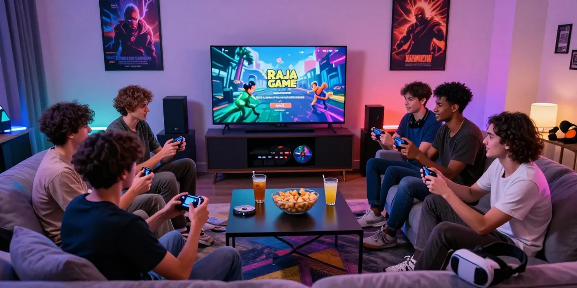 Raja Game login scene with friends gaming together in a stylish living room.