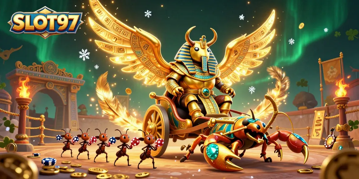 SLOT97 offers thrilling spins with a colossal golden scarab beetle leading in a vibrant casino illustration.