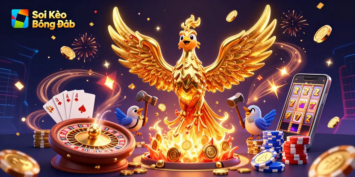 Soi Kèo Bóng Đá highlights betting strategies with a dynamic scene featuring a golden phoenix and casino elements.