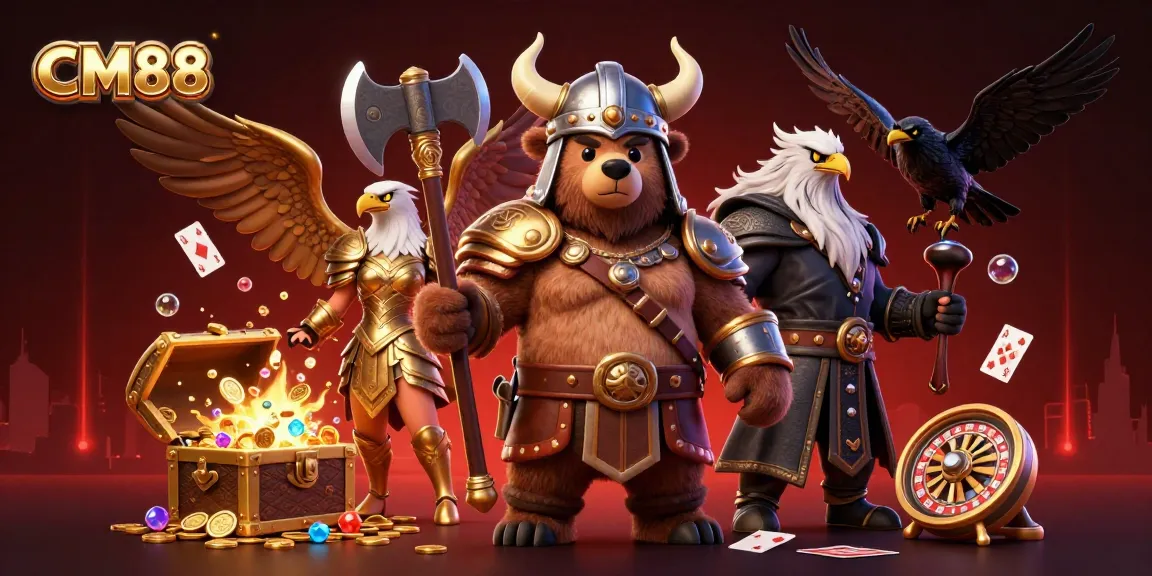 Experience the thrill of CM88 with vibrant casino elements, featuring a Viking bear and Valkyrie together.