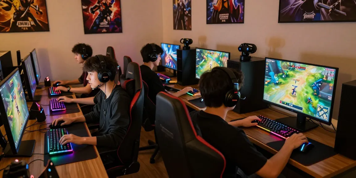 Engaging gaming scene with friends playing hitclub, colorful RGB lighting and high-end gear.