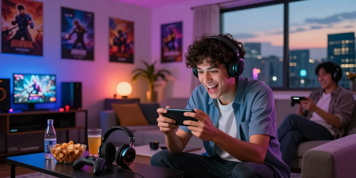Play online with friends in a cozy gaming setup, featuring a smartphone and gaming accessories.