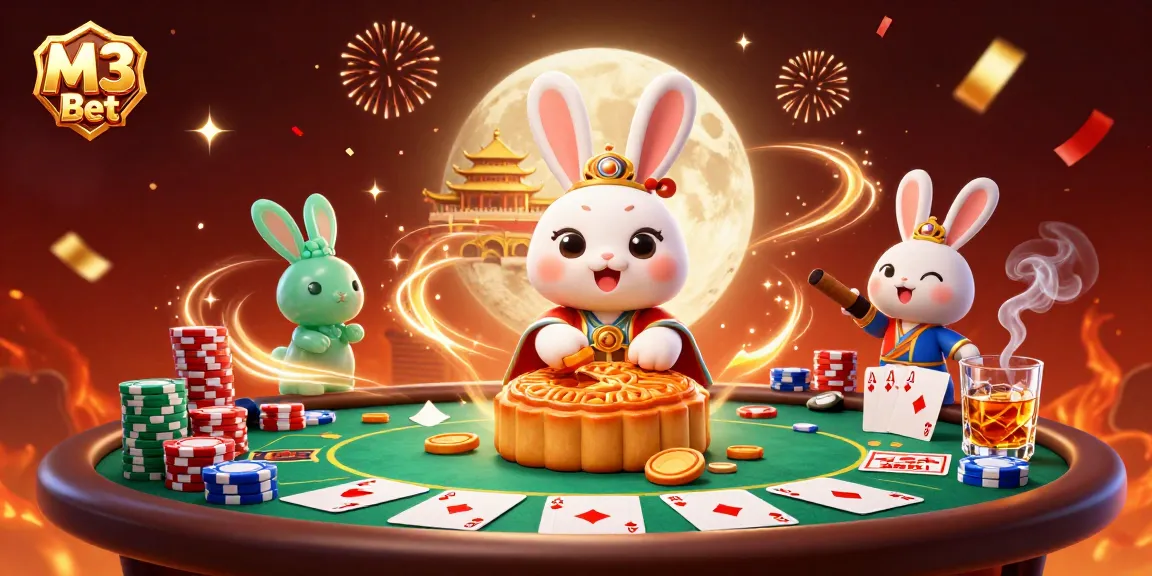 M3 Bet celebrates with a moon rabbit and poker elements in a vibrant casino atmosphere