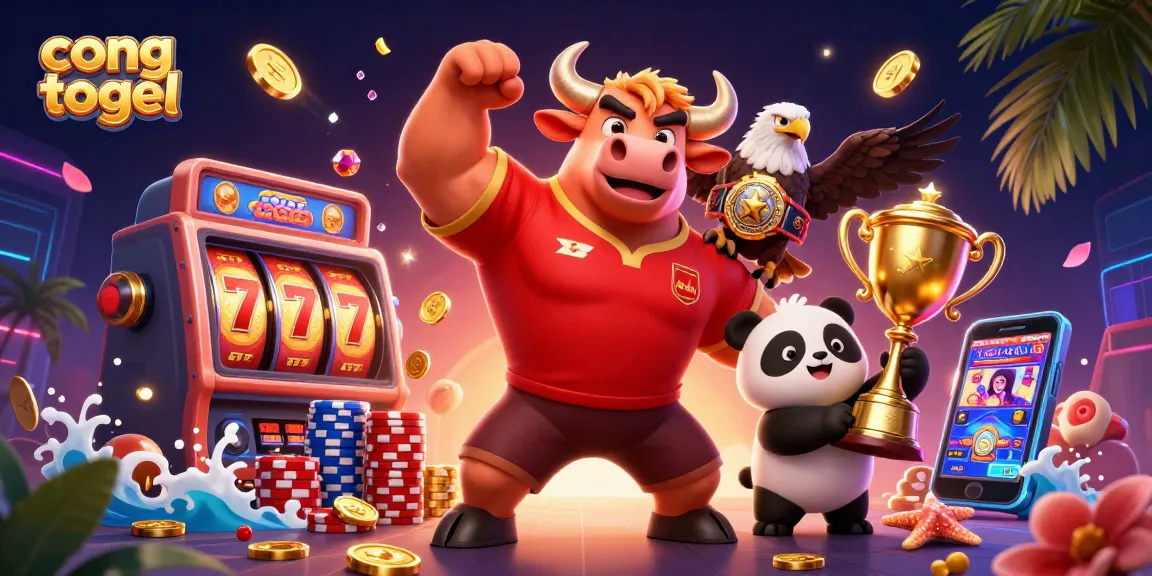 Experience exciting slots with cong togel as a bull, eagle, and panda celebrate wins together.