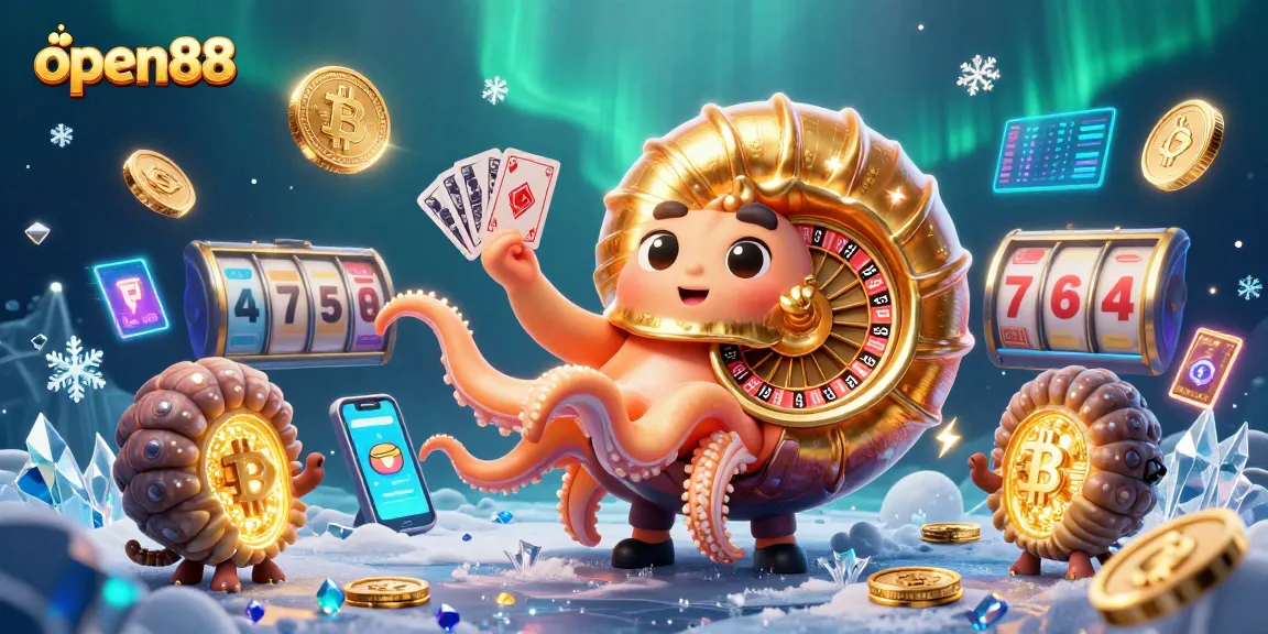 Engage with open88's vibrant 3D casino scene featuring a giant nautilus roulette wheel, glowing crypto coins, and immersive gaming elements.