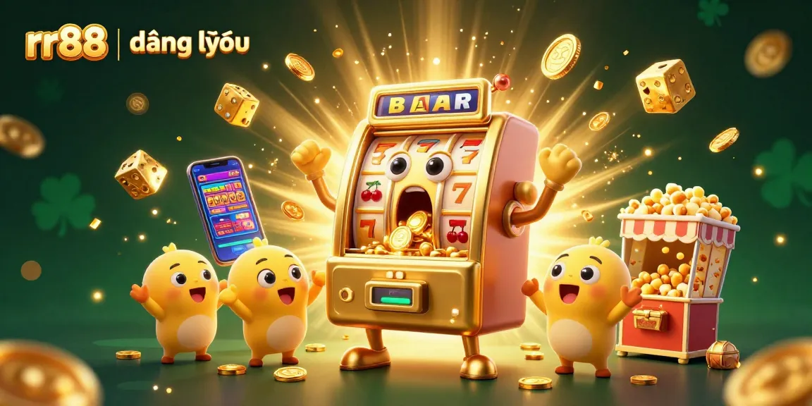 Experience the excitement of rr88 | đăng nhập with a golden slot machine hitting the jackpot amidst a flurry of coins and cheerful baby machines.