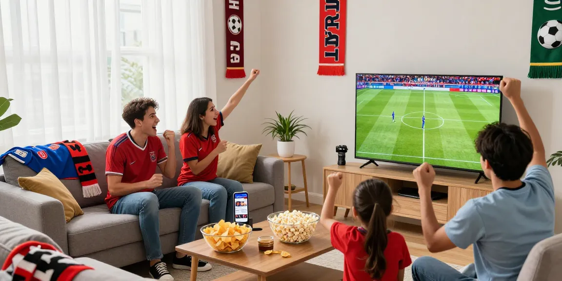 Fans watching a live football match in a lively living room with ihdsports streaming app visible.