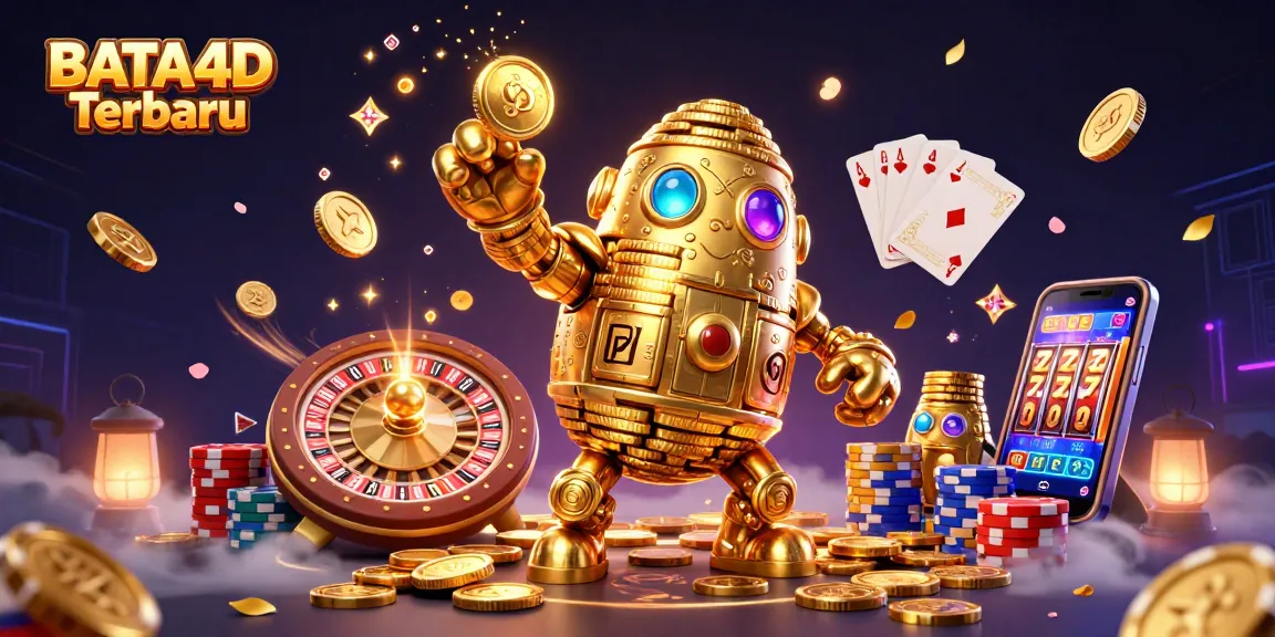 Gambarkan momen menarik di BATA4D Terbaru dengan golem emas berkilau dan simbol mesin slot berputar.