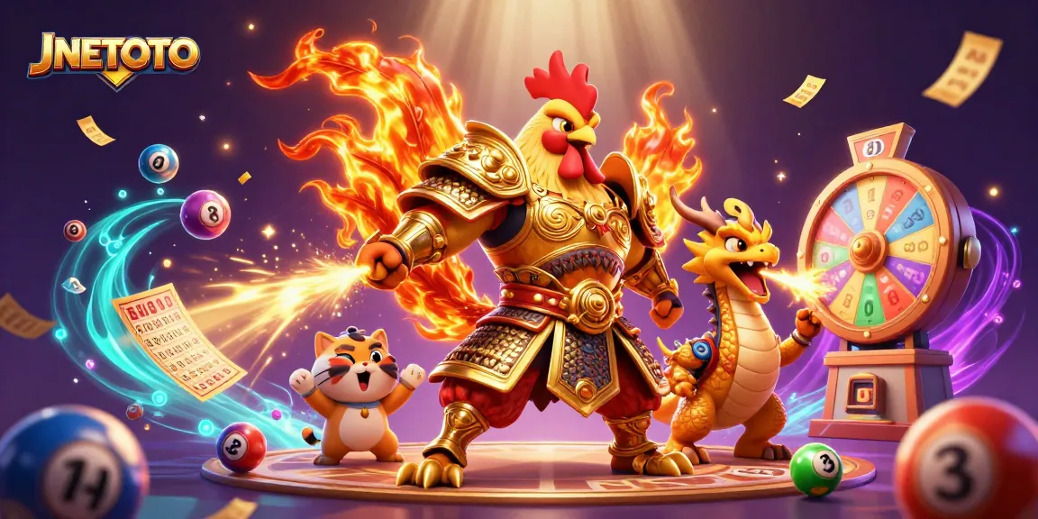 JNETOTO menampilkan ilustrasi dinamis dengan karakter ayam jantan berperang dan naga, serta elemen jackpot yang menarik.