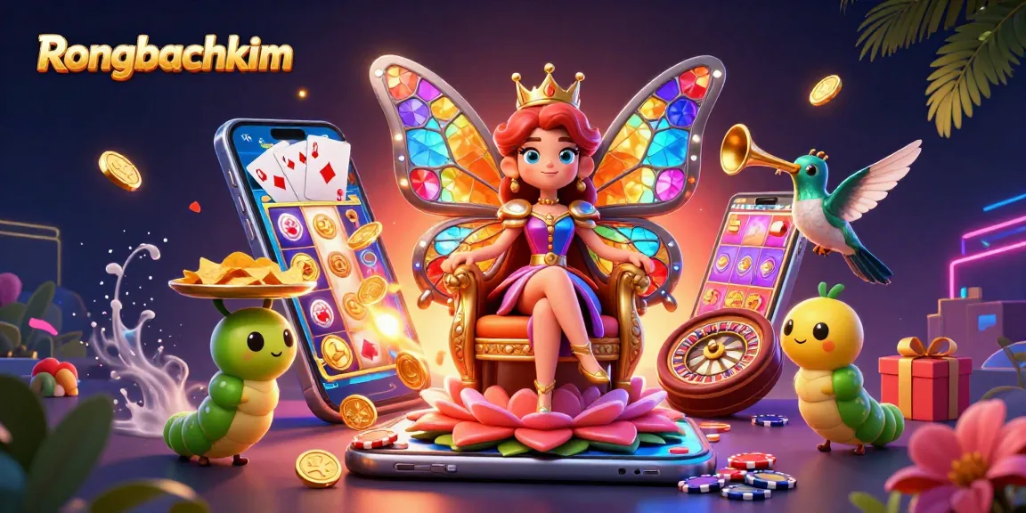 Engage with Rongbachkim's vibrant casino experience featuring a butterfly queen, colorful slots, and dynamic gameplay.